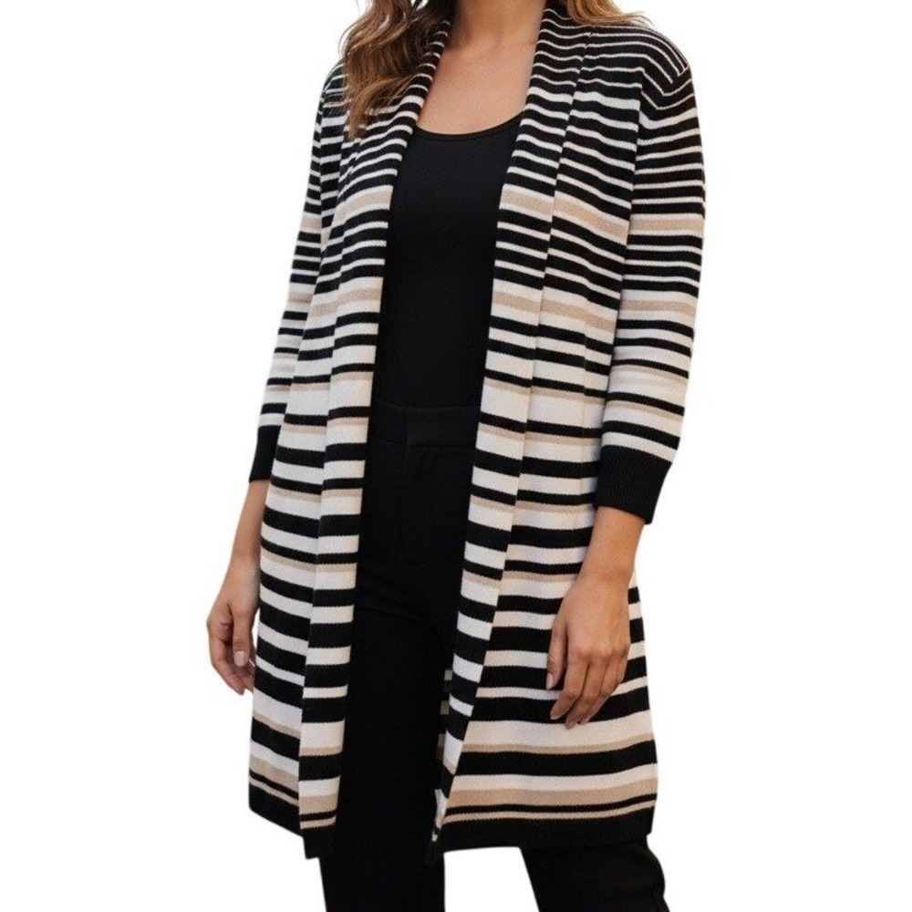 WHITE HOUSE BLACK‎ MARKET Striped Open Front Cardigan Black White Tan XS